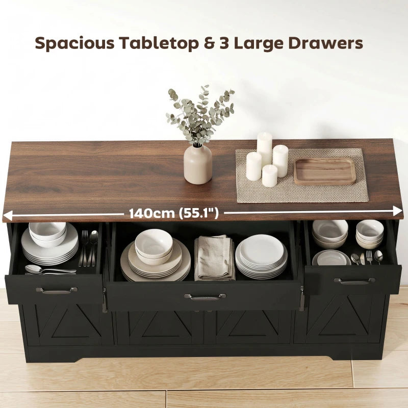 Sideboard Buffet Cabinet, 55" Farmhouse Kitchen Cabinet with 4 Barn Doors, 3 Drawers, 3 Adjustable Shelves, Black