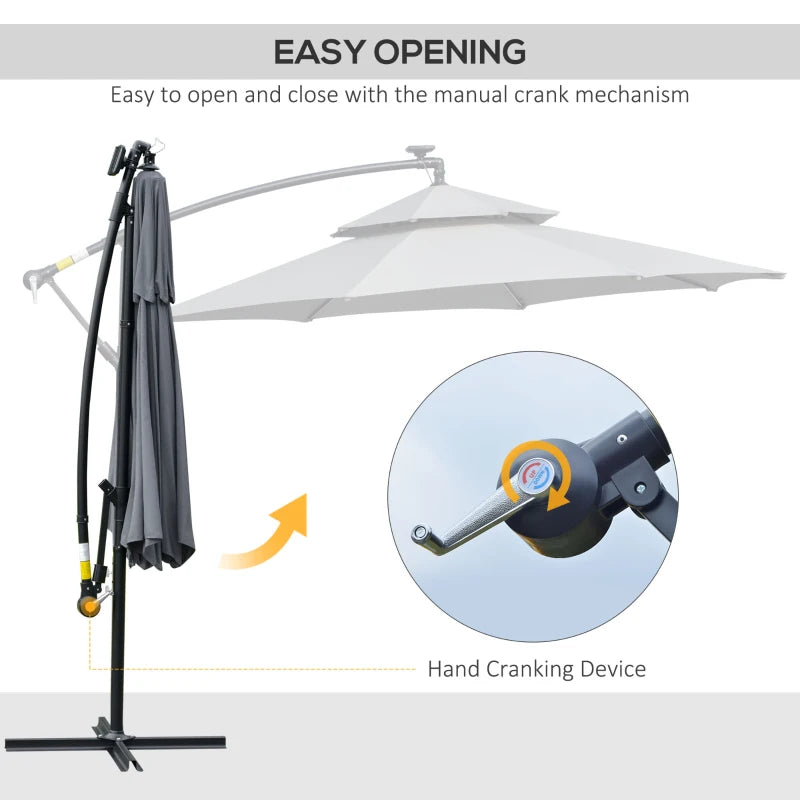 10FT Cantilever Patio Umbrella with Lights Solar Powered Offset Umbrella with Crank and Cross Base for Deck Grey