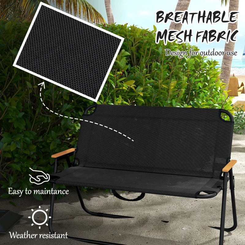 2-Seat Folding Patio Bench Camping Chair, Sports Chair with Armrest, Mesh Fabric Seat for Lawn, Black
