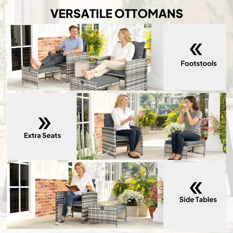 5 Piece Patio Furniture Set, Wicker Patio Chairs with Ottomans, 2-Tier Glass Coffee Table and Cushions, Grey/Dark Grey