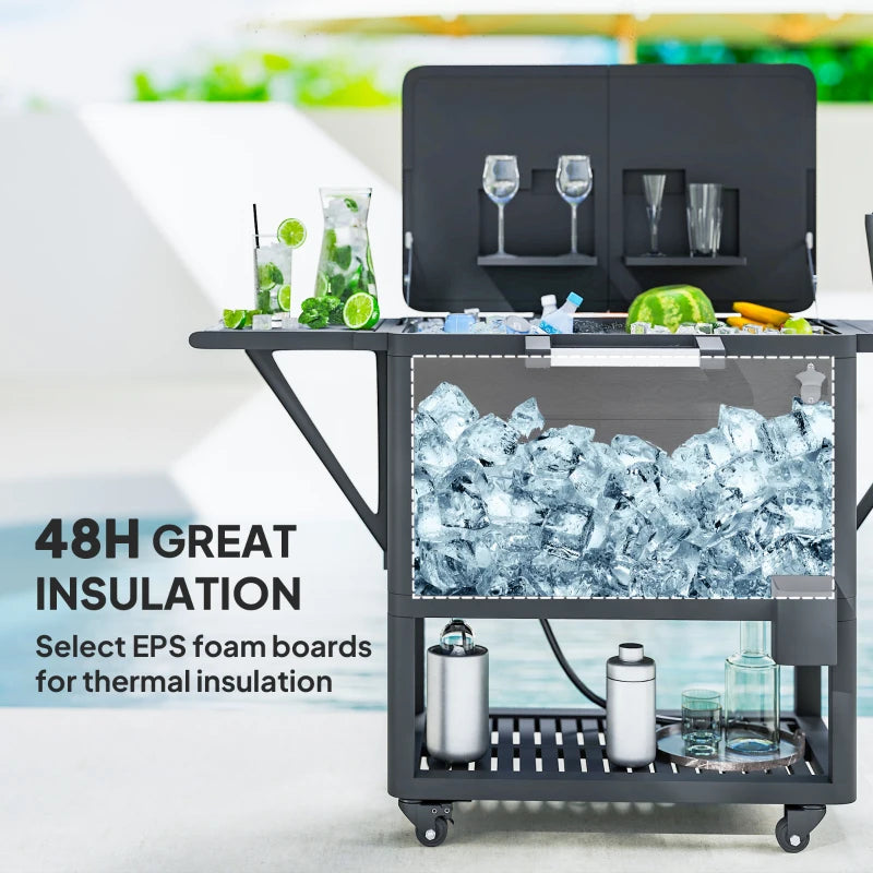 104 Quart Large Capacity Outdoor Cooler Cart, Patio Rolling Ice Chest with Bottle Opener Shelves Wheels, Black