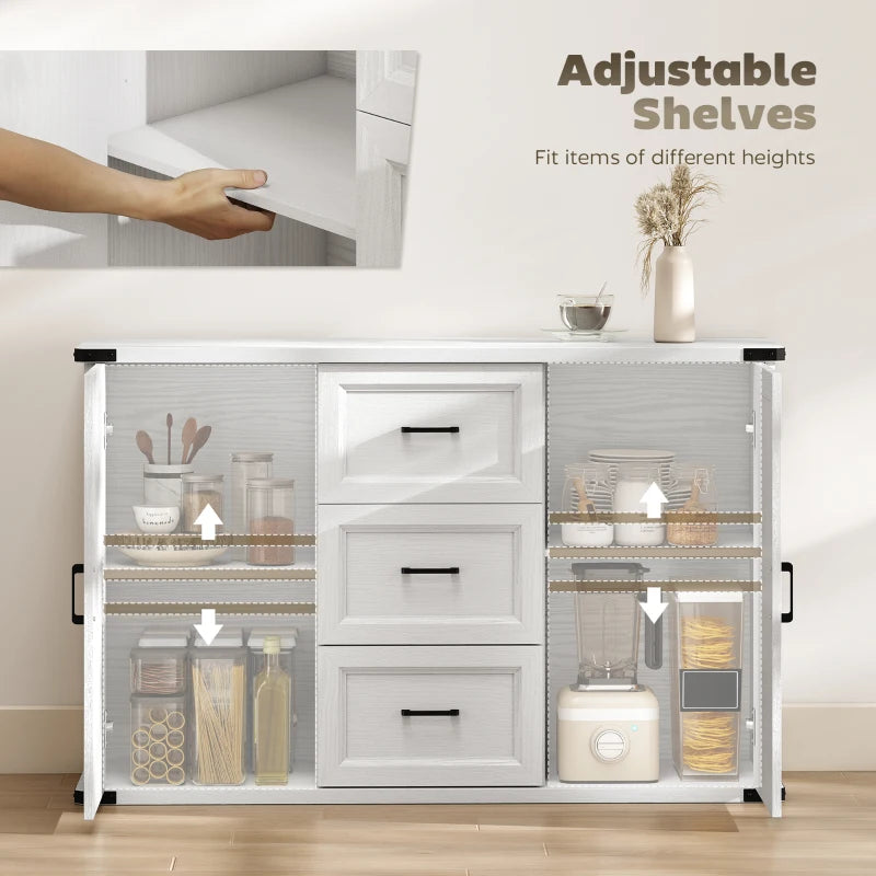 Sideboard with 3 Drawers and 2 Doors, 47" Buffet Cabinet with Adjustable Shelves for Kitchen, White Wood Grain