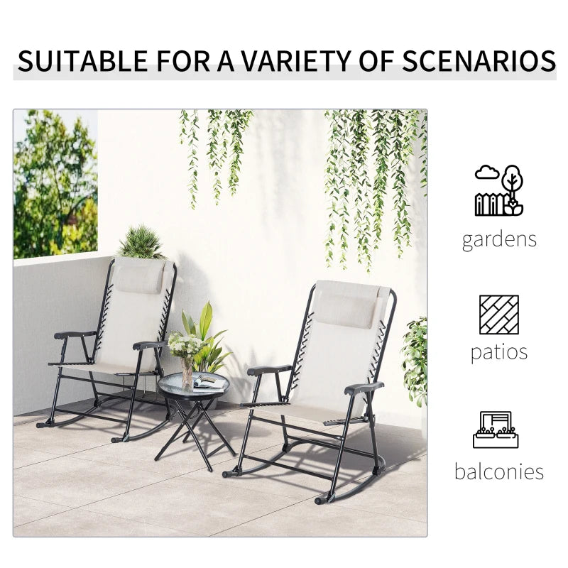 3pc Patio Rocking Chair Set, Folding Outdoor Rocking Chairs and Table Bistro Set w/ Breathable Mesh Seat & Backrest, Headrest for Park, Backyard, Garden, Cream White