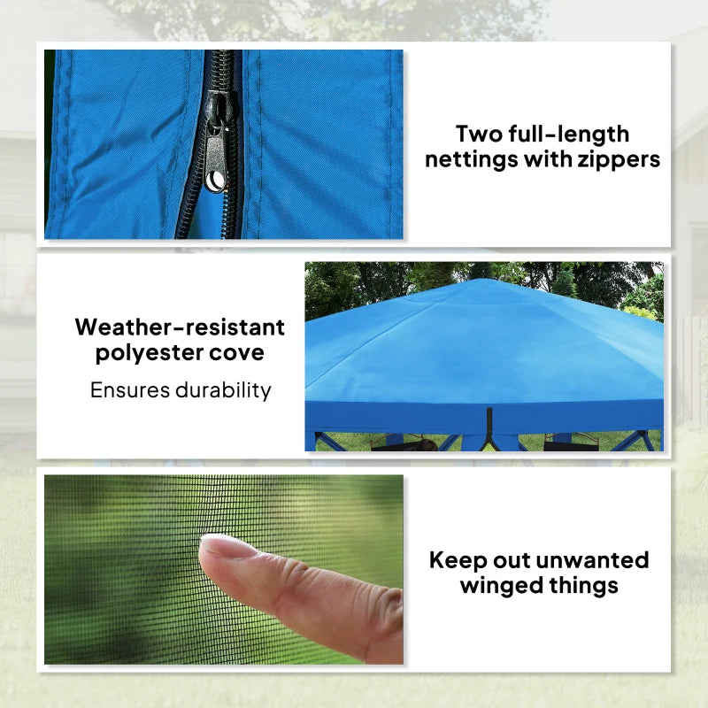 12' x 12' Hexagon Automatic Pop Up Screen Tents, Camping Shelter w/ Mesh Sidewalls and Carry Bag Blue