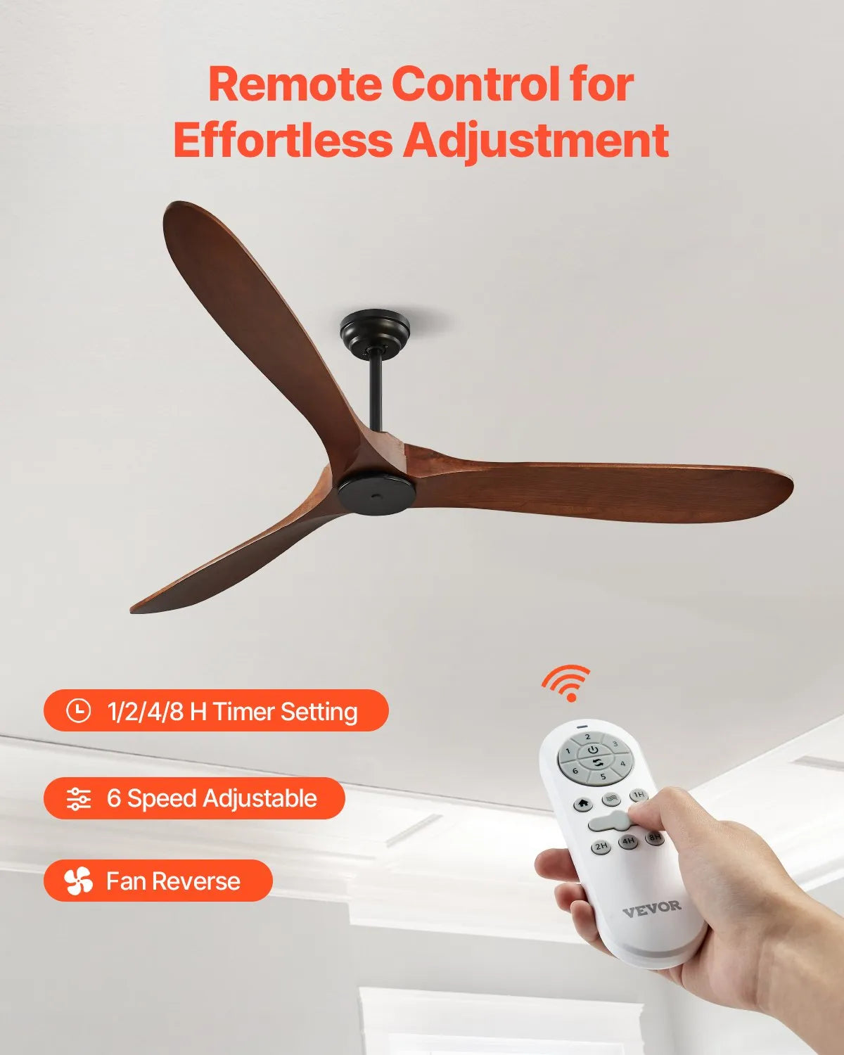 VEVOR 72" Wood Blade Ceiling Fan No Light Remote Control Reversible Motor Walnut