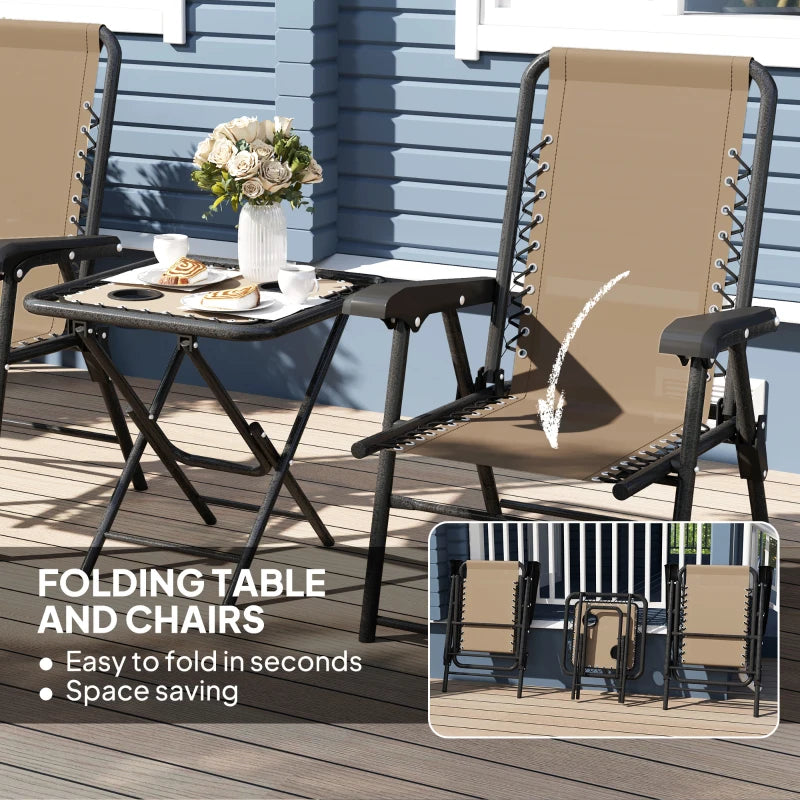 3 Pieces Patio Bistro Set, Outdoor Folding Table and Chairs Set, Metal Patio Furniture Set with Cup Holders, Khaki