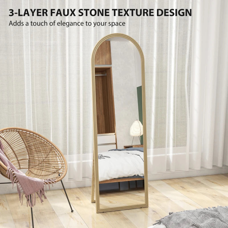 64" x 21" Full Length Mirror, Free Standing, Leaning or Wall, Arched Full Body Mirror with Faux Stone Frame, Beige