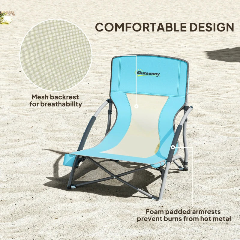 Set of 2 Folding Beach Chairs with Mesh Back, Carry Bag and Cup Holder for Outdoor Camping Lawn, 22.8" x 21.7" x 24.4"
