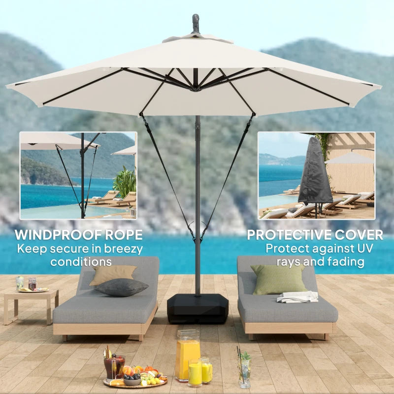 10FT Cantilever Umbrella with Fillable Base, Wind Strap and Cover, Offset Hanging Umbrella with Crank, Cream White