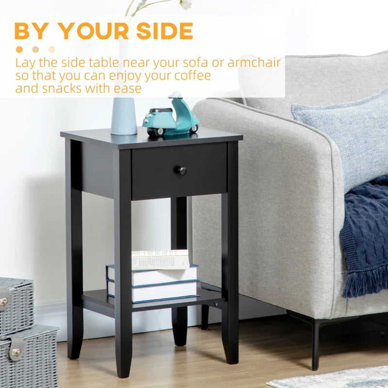 Side Table Set of 2, End Tables with Drawer and Bottom Shelf, 2-tier Nightstand for Bedroom, Living Room, Black