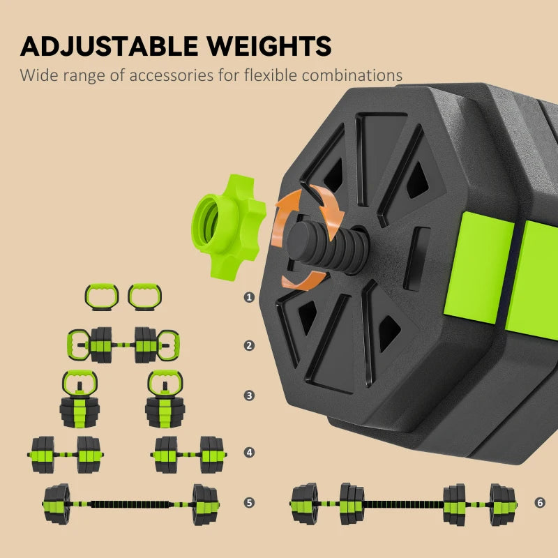 Soozier 6-in-1 Adjustable Dumbbell Set, Used as Kettlebell, Barbell, Dumbbell, Push-Up Stand, 66lbs Free Weights Set, Green