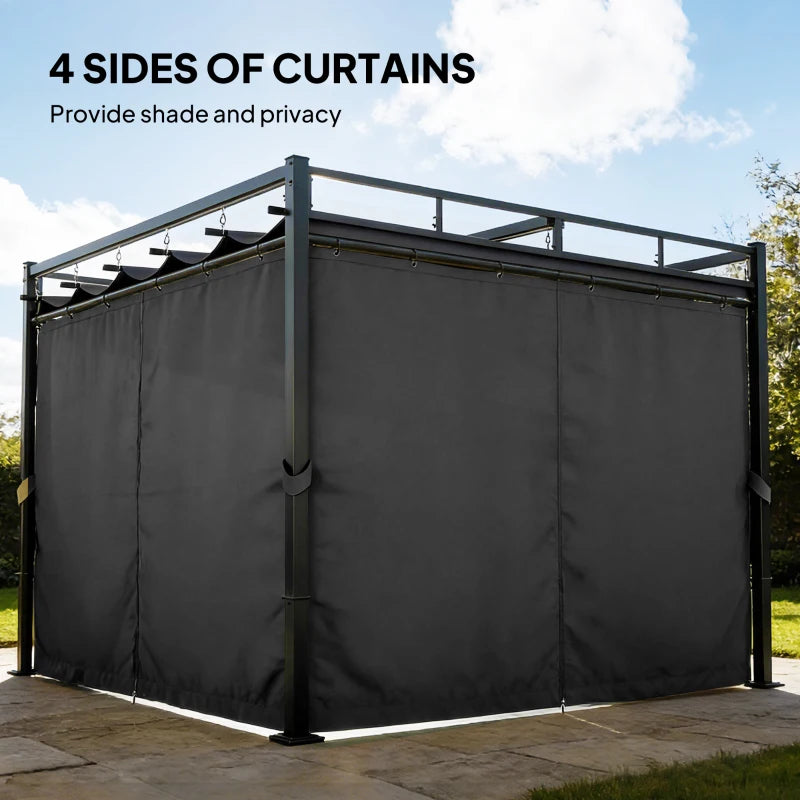 10' x 10' Outdoor Gazebo, Retractable Pergola Canopy with Curtains, UPF30+ Free Standing Metal Pergola Kit, Dark Grey