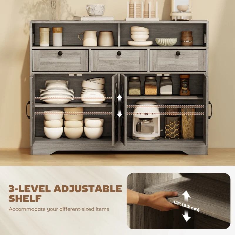 Sideboard, Buffet Cabinet with 4 Barn Doors and 3 Drawers, Coffee Bar Cabinet with Adjustable Shelves, Grey