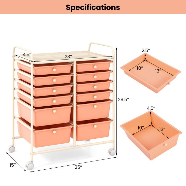 12-Drawer Rolling Storage Cart with Removable Drawers and Lockable Wheels-Peach