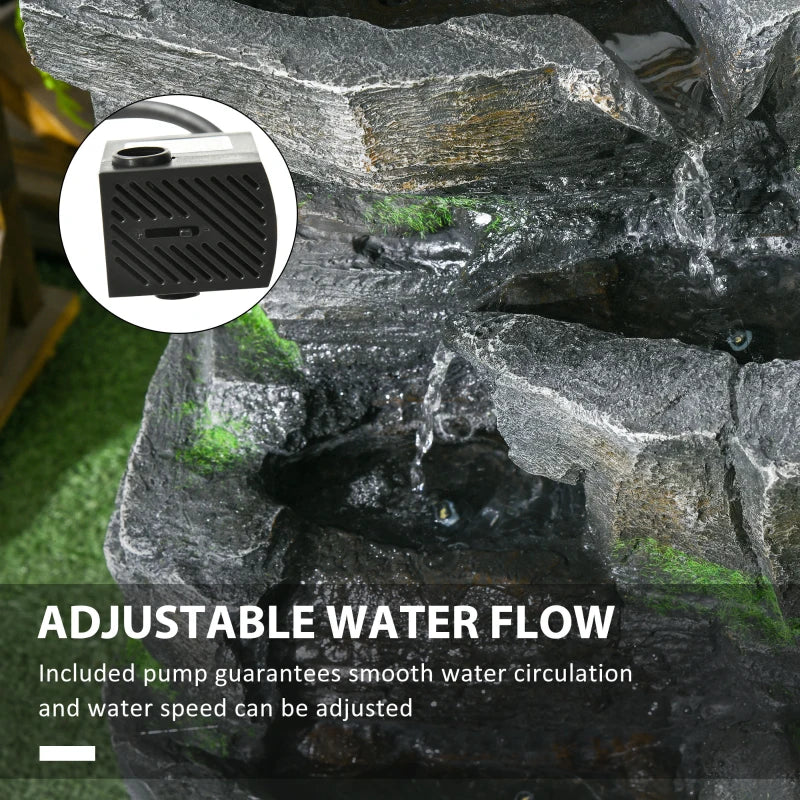 4-Tiered Rock Outdoor Water Fountain with LED Lights, Adjustable Flow, 22.4-inch Resin Waterfall Fountain