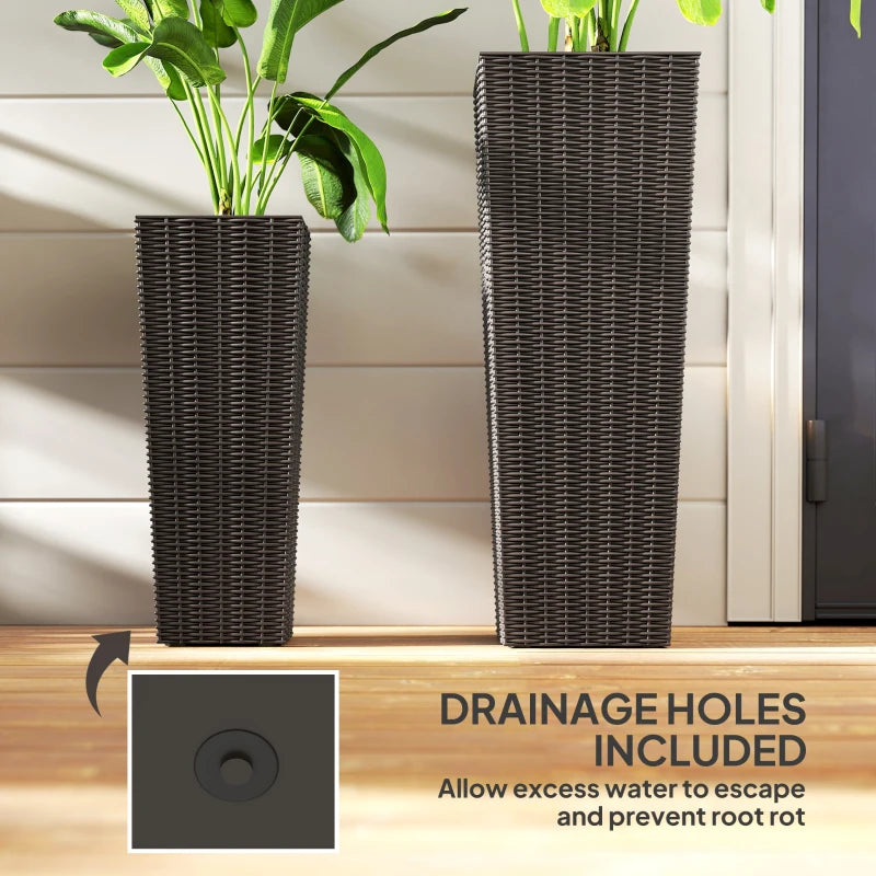 Set of 2 Tall Planters for Outdoor Plants with Drainage Holes, Outdoor Flower Pots for Entryway, Patio and Deck