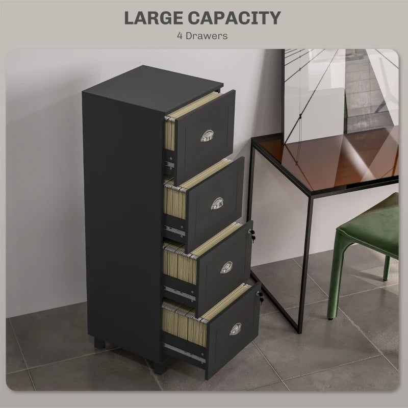 4 Drawer File Cabinet with Lock, Office Filing Cabinet, A4 Letter Size, Hanging File Folders, Black