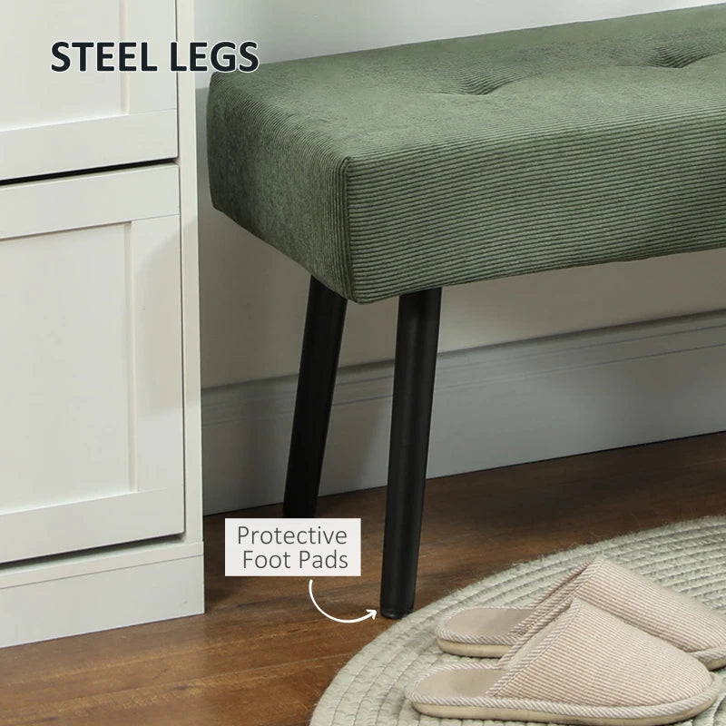 39" Upholstered Ottoman Bench, Corduroy Entryway Bedroom Bench with Padded Seat and Steel Legs for Bedroom, Green
