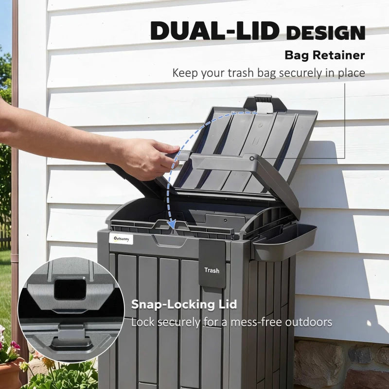 29 Gallon Outdoor Garbage Bin with Dual Lid, Plastic Outdoor Waste Trash Can with Side Holder and Drip Tray, Grey