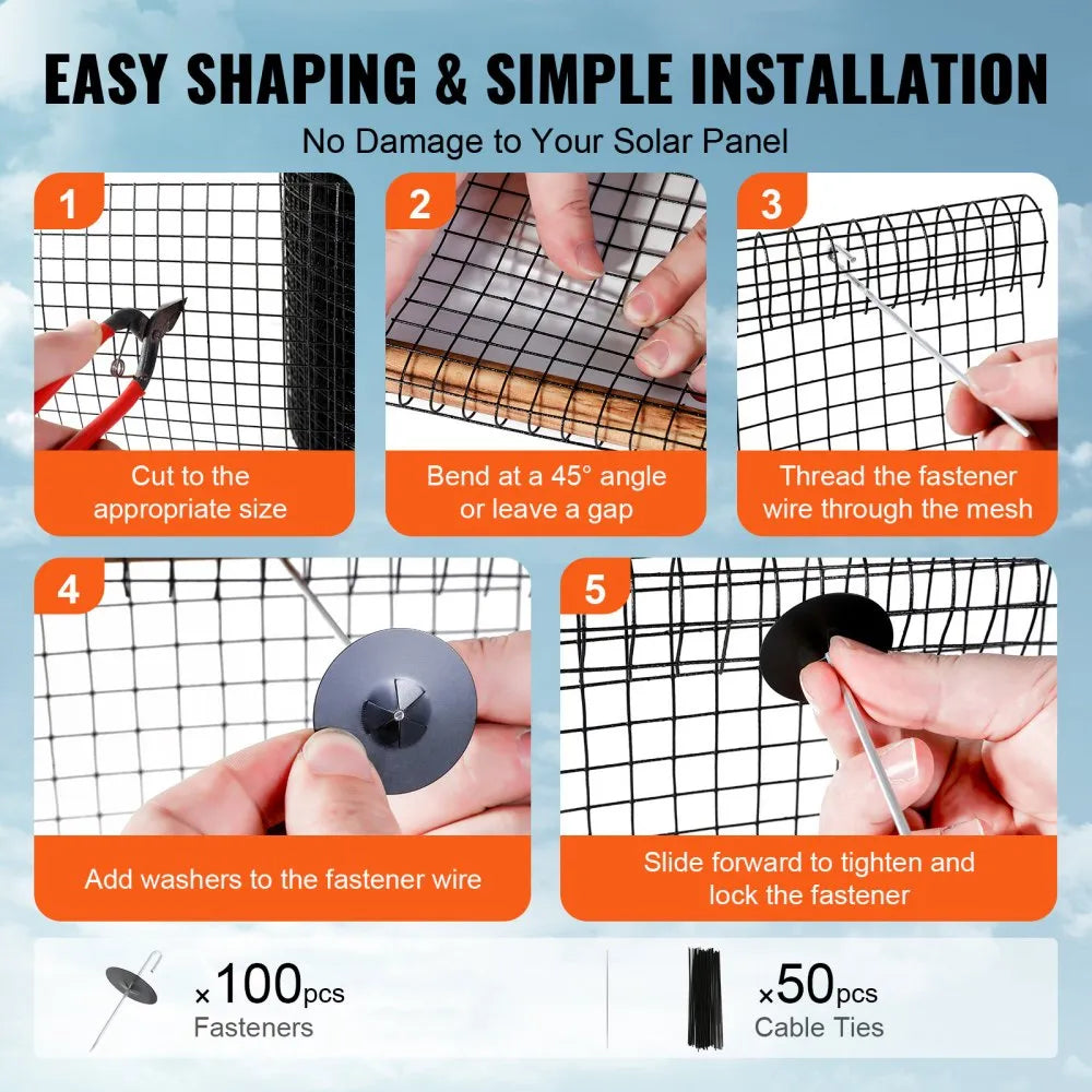 VEVOR 6 inch x 100ft Solar Panel Bird Guard, Critter Guard Roll Kit with 100pcs Stainless Steel Fasteners, Solar Panel Guard with Rust-proof PVC Coating, 1/2 inch Wire Roll Mesh