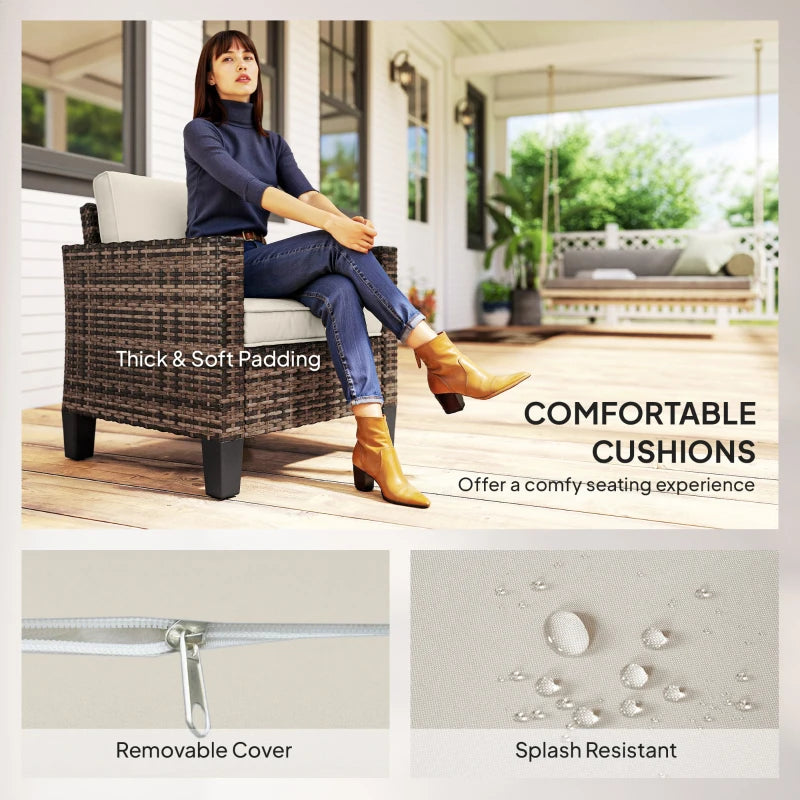 Single Outdoor Wicker Chair, Rattan Patio Chair with Armrests and Cushions for Balcony, Porch, Deck, Cream White