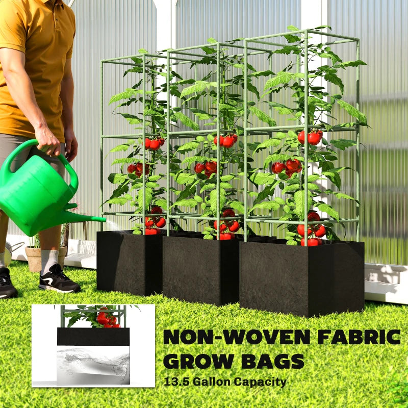 3 Packs Tomato Cages with 13.5 Gallon Grow Bags, Adjustable Square Plant Support Trellis