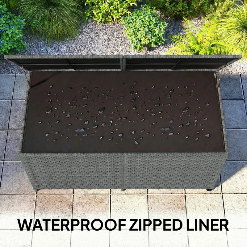 162 Gallon Rattan Deck Box with Wheels, Wicker Outdoor Storage Box with Waterproof Zippered Liner, Safe Pneumatic Rod