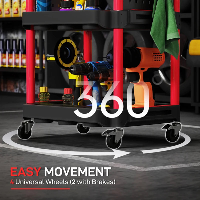 3-Tier Rolling Tool Cart with Wheels, 200 LBS Capacity Plastic Utility Cart for Garage, Warehouse, Workshop, Black & Red