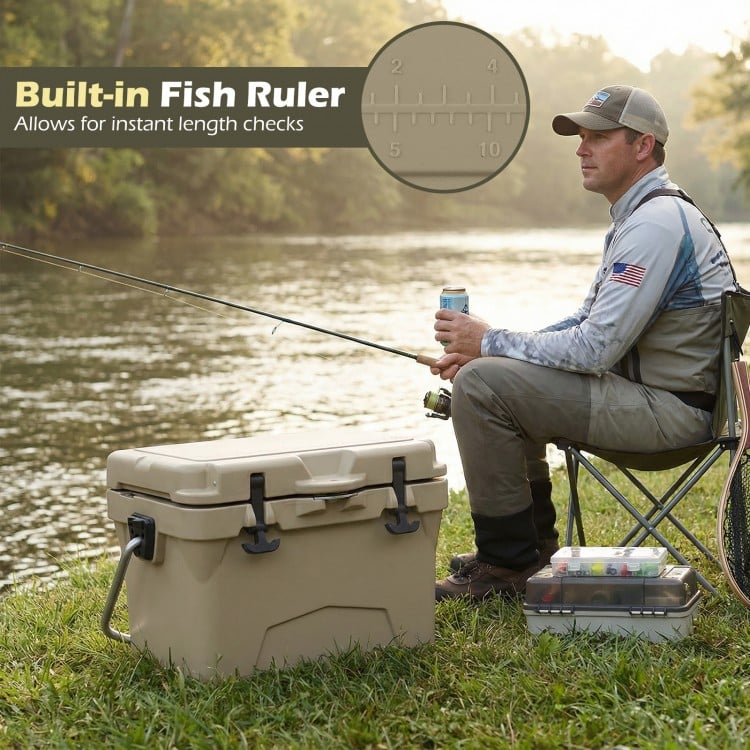 20 Quart Portable Hard Cooler with Built-in Ruler and Bottle-Khaki