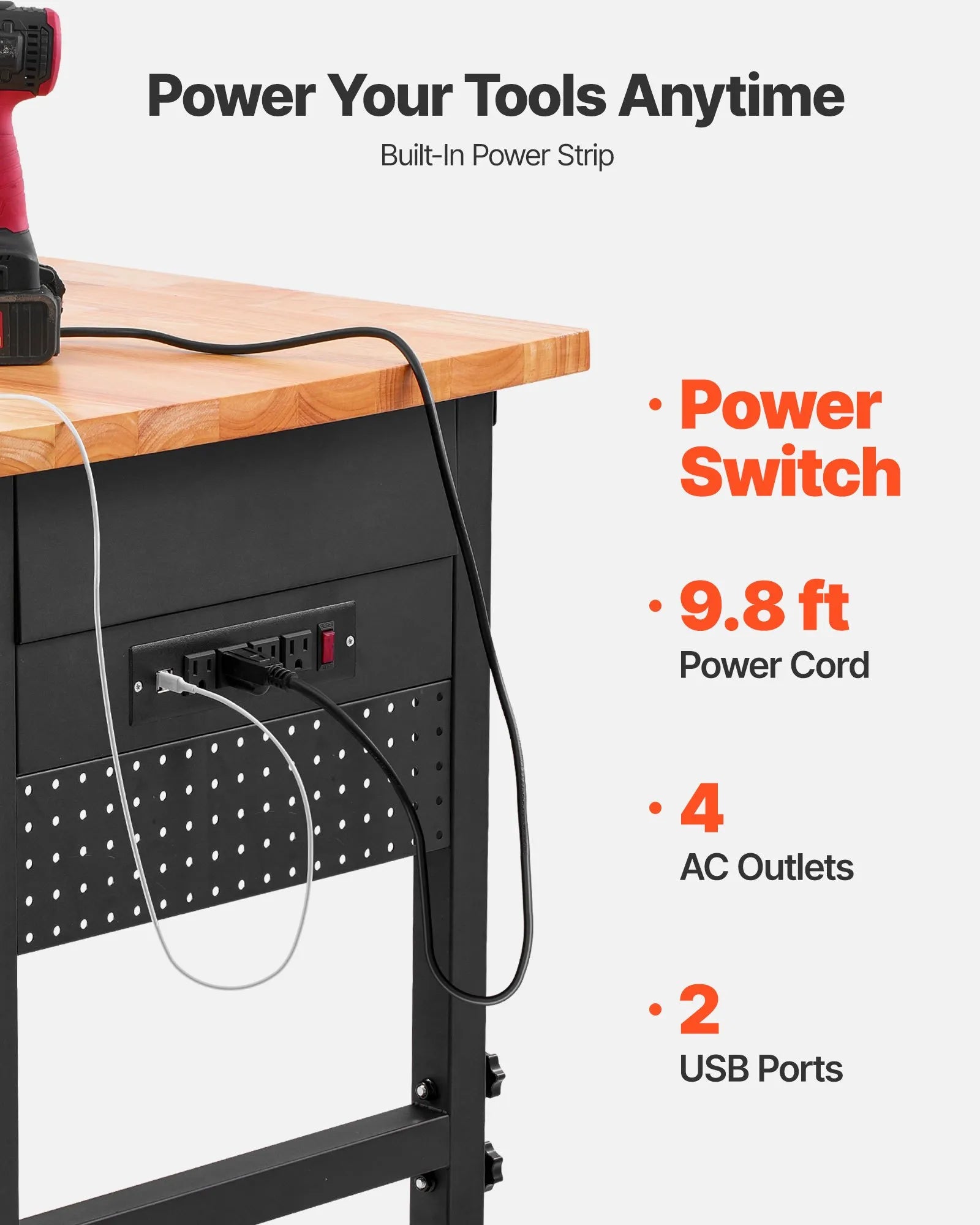 VEVOR 60" Workbench on Wheels Adjustable Height Table with Power Outlet & Drawer