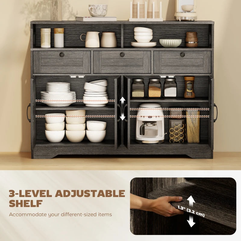 Sideboard, Buffet Cabinet with 4 Barn Doors and 3 Drawers, Coffee Bar Cabinet with Adjustable Shelves, Dark Brown