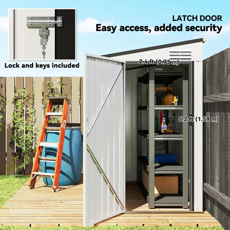 4.3' x 6.3' Outdoor Storage Shed Lean to Shed Outdoor Metal Tool Shed with Lockable Door and Air Vents, White
