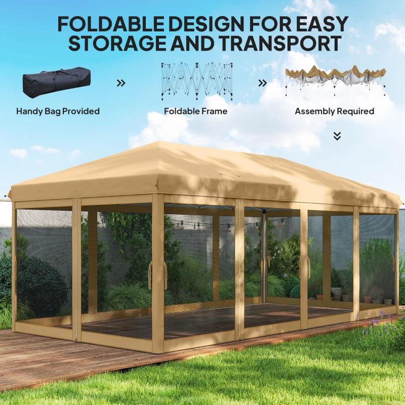 10' x 20' Pop Up Canopy Tent Gazebo with Removable Mesh Sidewall Netting, Carry Bag for Backyard Patio Outdoor, Beige