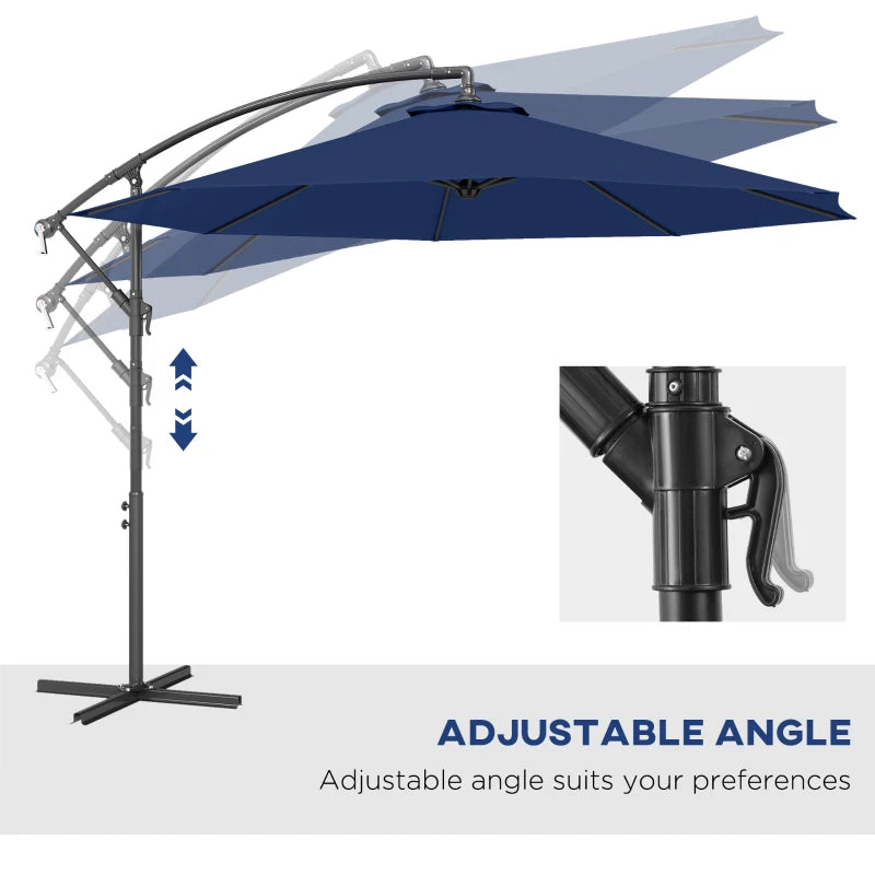 10' Deluxe Patio Umbrella, Outdoor Market Parasol, Banana Hanging Offset Sunshade with Crank, Cross Base, Navy Blue
