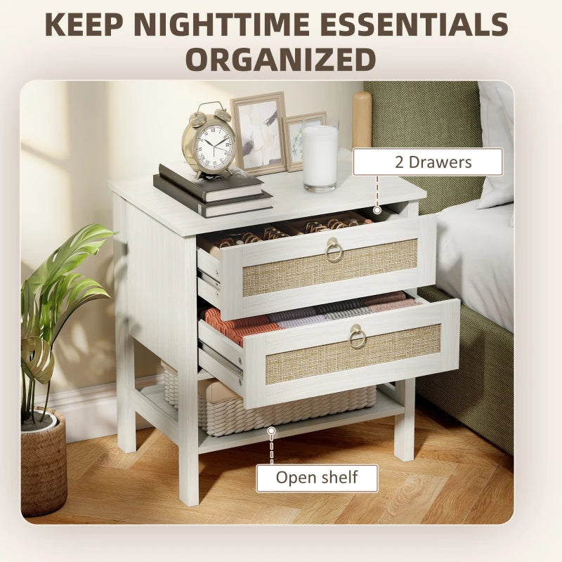 Set of 2 Boho Bedside Tables, Rattan Nightstands with 2 Drawers, Storage Shelf, End Side Tables for Bedroom, White Oak