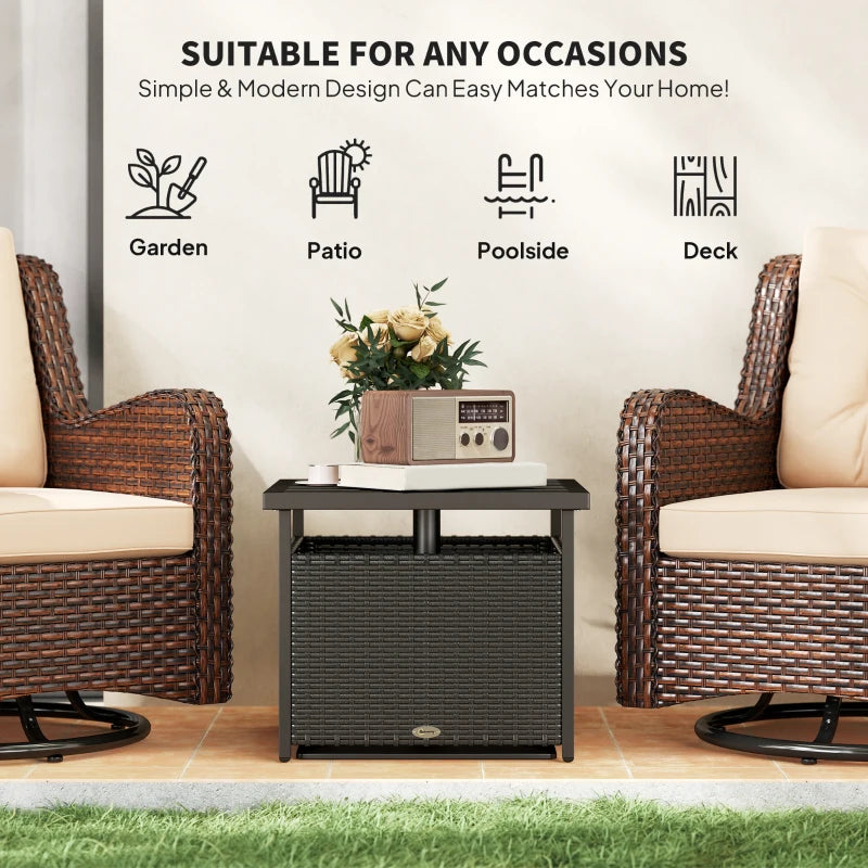 21.75" Outdoor Rattan Wicker Patio Coffee Table with Umbrella Hole, Patio Side Table with Slatted Metal Top, Black