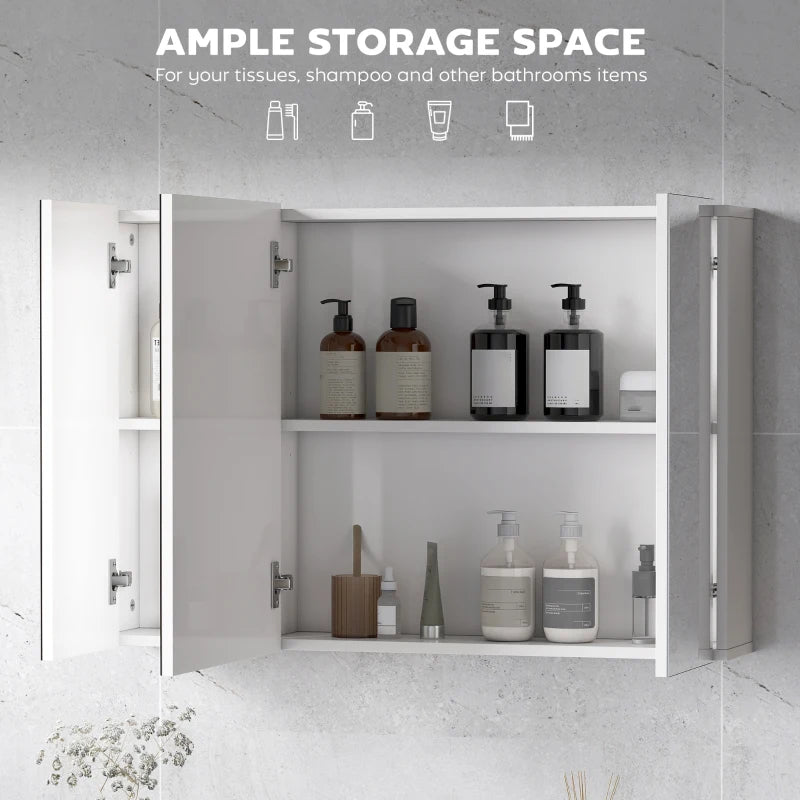 35" x 24" Wall Mounted Mirror Cabinet, Bathroom Medicine Cabinet with Mirror, 3 Doors and Adjustable Shelves, White
