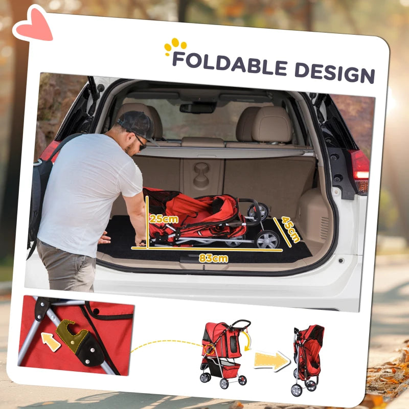 3 Wheels Foldable Dog Stroller with Storage Basket, Adjustable Canopy, Cupholder for Miniature and Small Dogs, Red