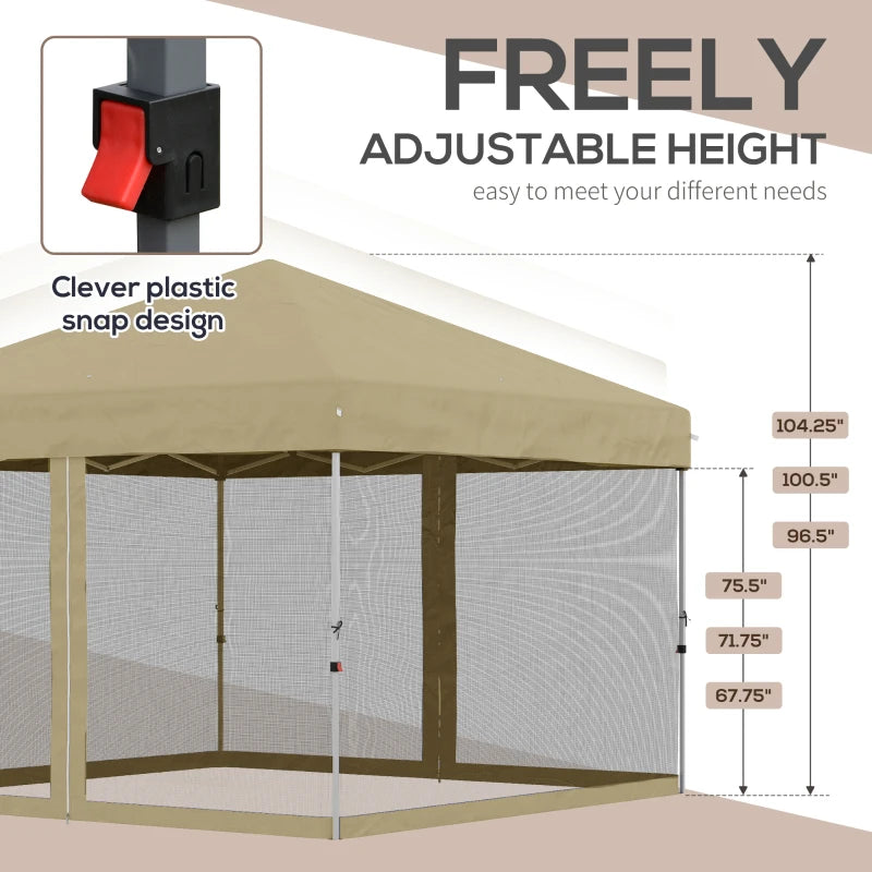 10' x 10' Pop-Up Party Tent UPF50+ Outdoor Canopy Tent with Mesh Sidewalls, 3-Level Adjustable Height, Roller Bag, Khaki