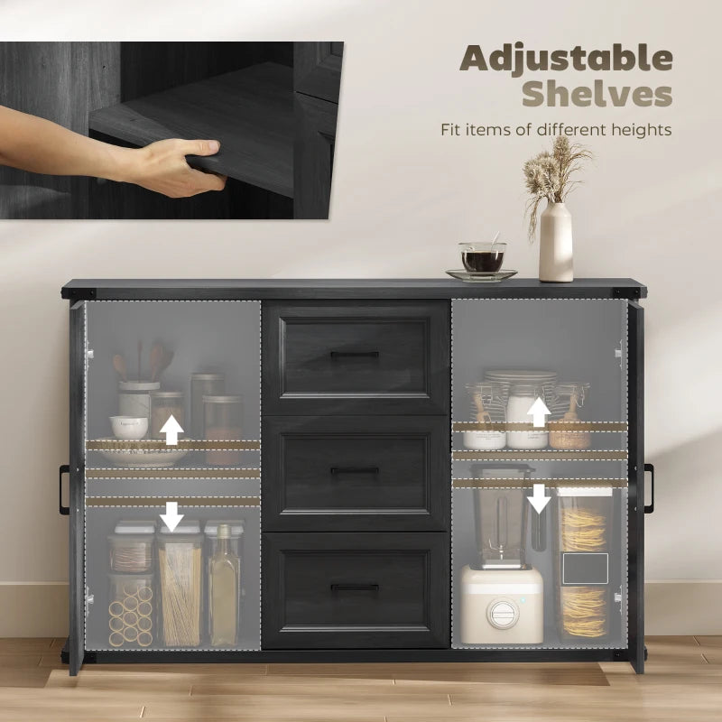 Sideboard with 3 Drawers and 2 Doors, 47" Buffet Cabinet with Adjustable Shelves for Kitchen, Black Wood Grain