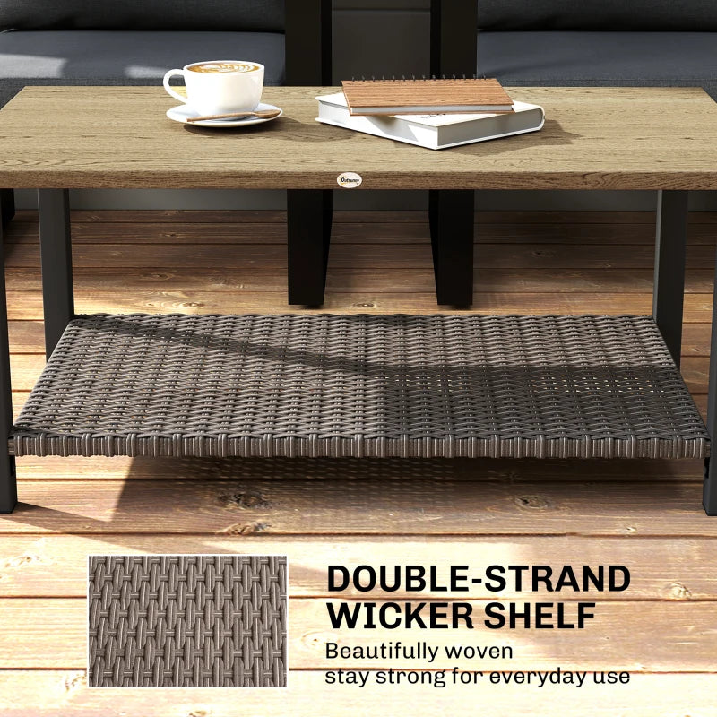 2-Tier Rectangle Outdoor Coffee Table, Patio Table with Wood-Effect Metal Top, Wicker Shelf for Garden, Backyard, Brown