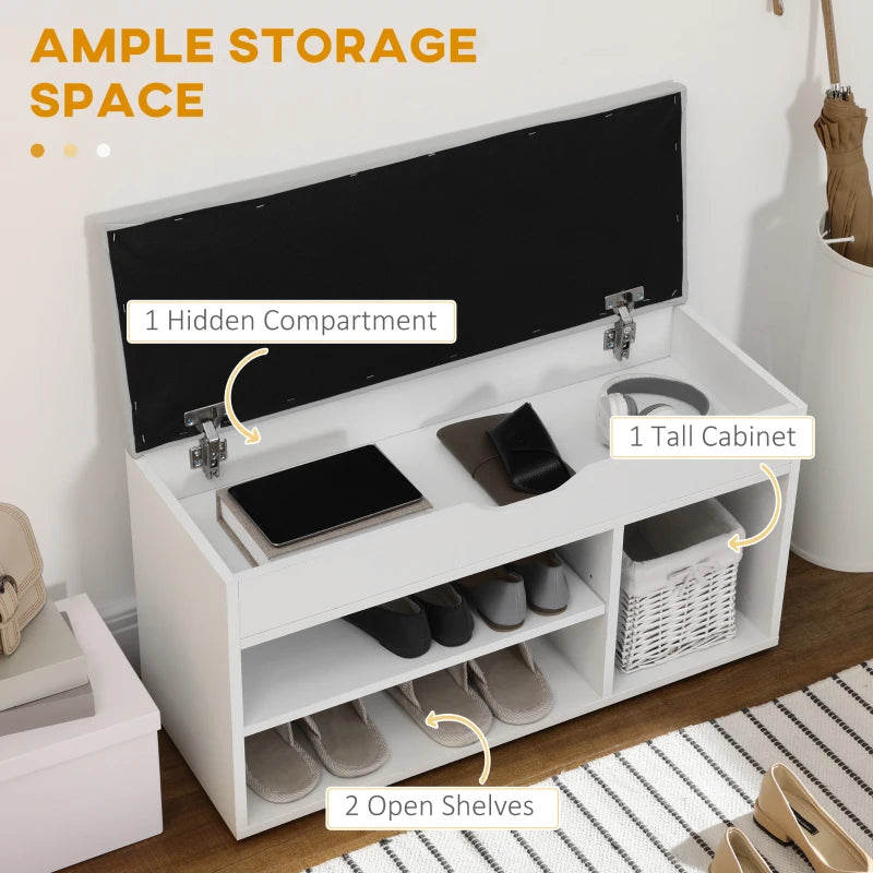 Shoe Bench Entryway Storage Rack with Padded Cushion, Hidden Storage for Hallway, Living Room, White