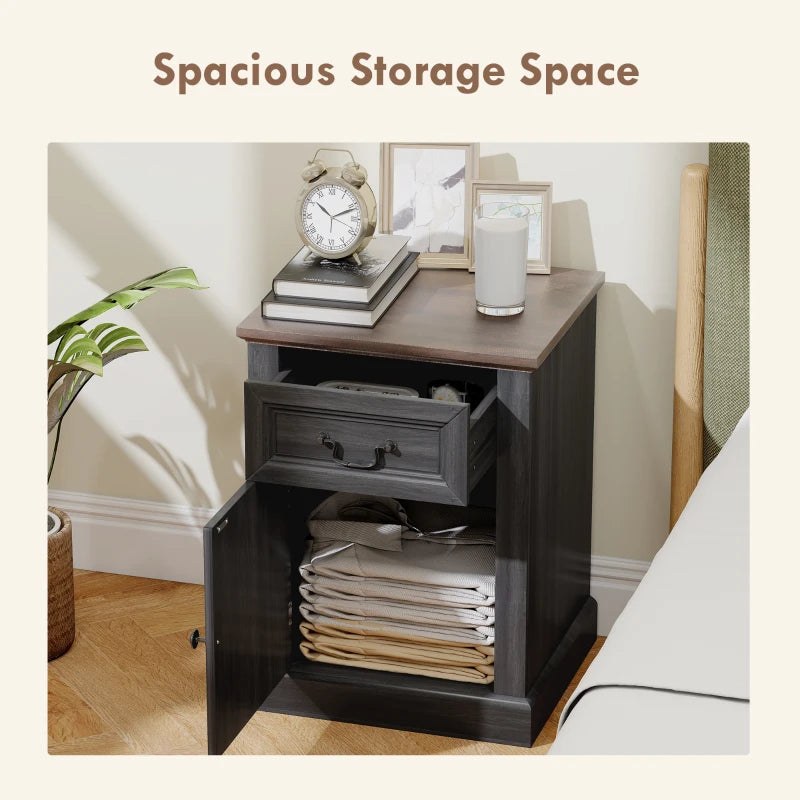 Side Table Set of 2, End Tables with Drawer and Cabinet, Nightstands for Small Spaces, Living Room, Black