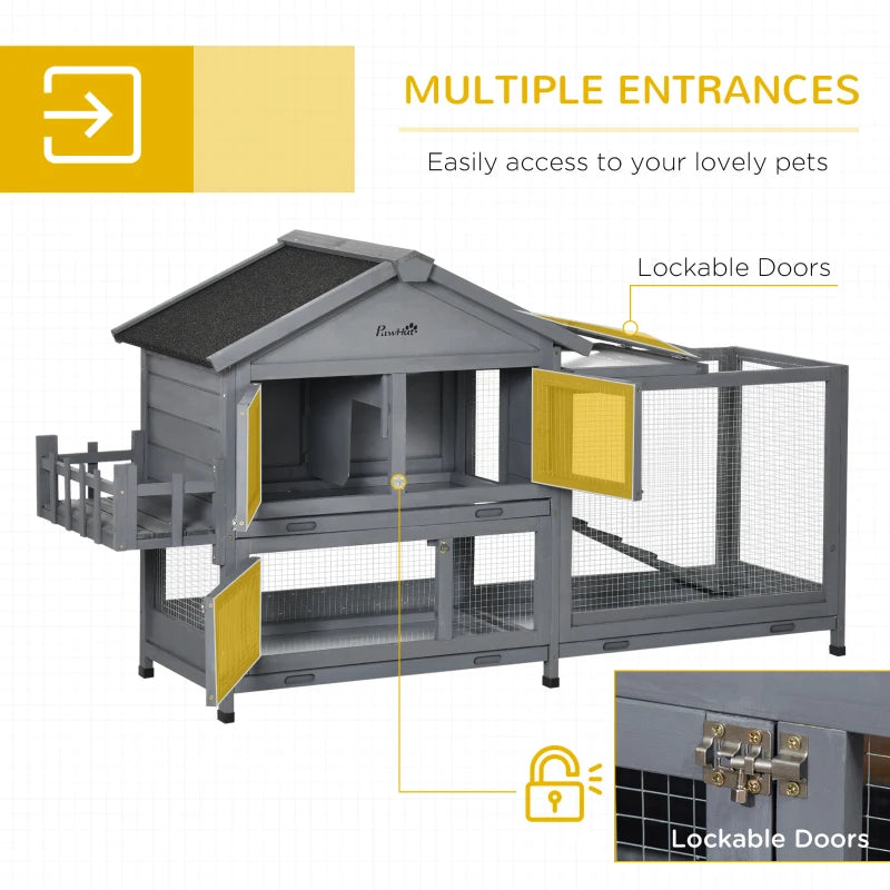65" Wooden Rabbit Hutch, Pet Playpen with Openable Roof, Storage Box, for Rabbits and Small Animals, Dark Grey