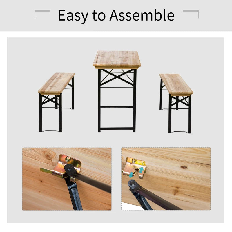 3 Pieces Folding Picnic Table Set, Portable Folding Picnic Table and Benches with Steel Frame for Garden, Park, Natural Wood