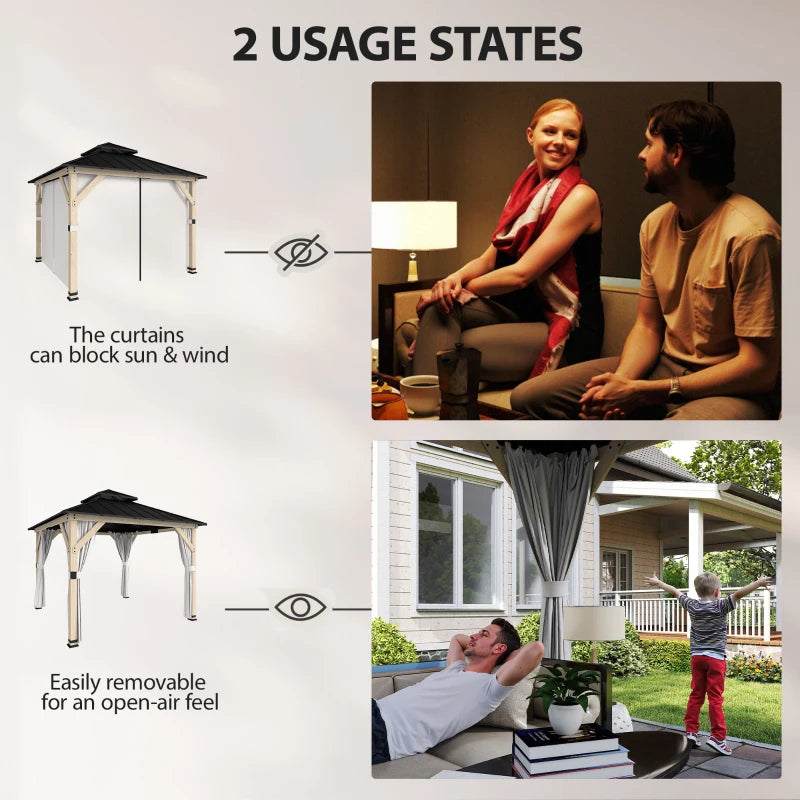 10' x 10' Outdoor Hardtop Gazebo with Double Steel Roof, Wood Patio Gazebo with Curtains, Hook, Light Grey