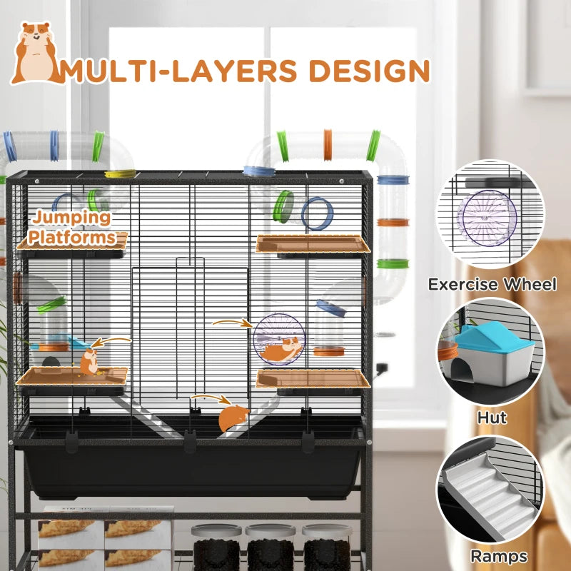 43" Rolling Hamster Cage with Tunnel Tube System, Storage Shelf, Exercise Wheel, Food Dish, Water Bottle, Ramp