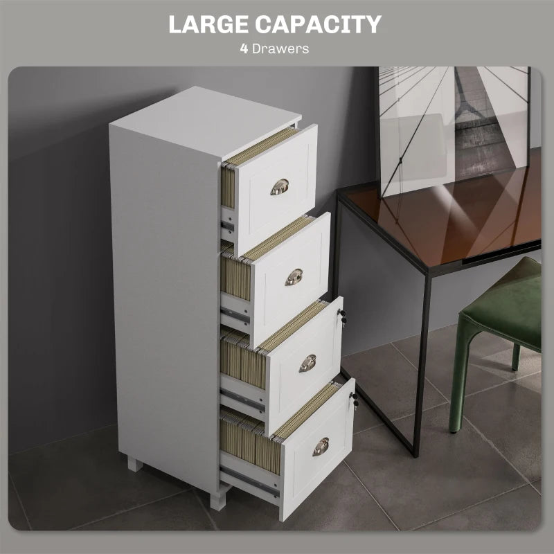 4 Drawer File Cabinet with Lock, Office Filing Cabinet, A4 Letter Size, Hanging File Folders, White
