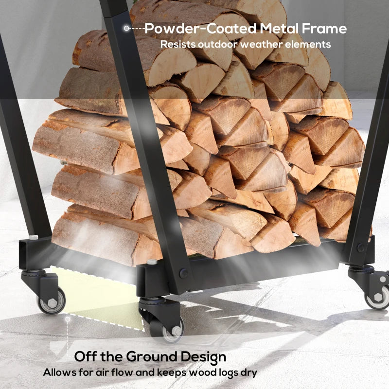 31 Inch Firewood Rack Outdoor, Heavy Duty Log Rack with Swivel Casters, Indoor Fire Wood Holders for Fireplace, Black