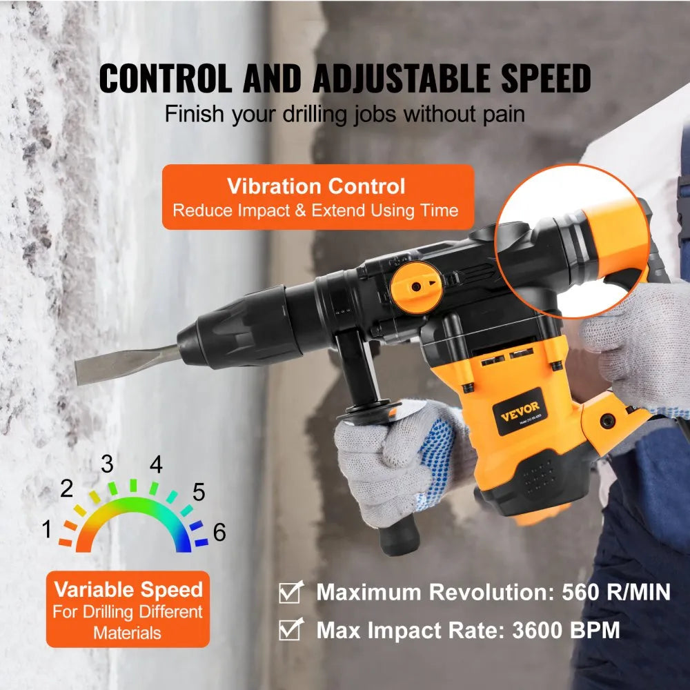 VEVOR 1-9/16 Inch SDS-Max Rotary Hammer Drill, 13Amp Corded Drills, Heavy Duty Chipping Hammers with Vibration Control & Safety Clutch, Electric Demolition Hammers Variable Speed, Power Tool For Concr